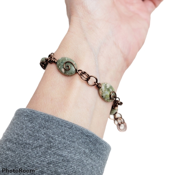 Oval Jasper Stone Wire Wrapped Coil Bracelet | Handmade Jewelry - Picture 2 of 7